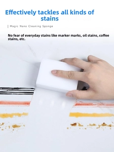 Magic nano sponge effectively removing marker, oil, and coffee stains on white marble surfaces