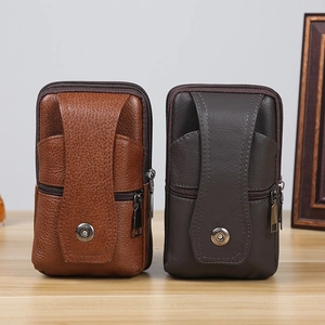 Men Business Genuine Cowhide Leather Cell Phone Waist Bag Vertical Belt Loop Pouch Magnetic Closure Zipper Card Holder Wallet
