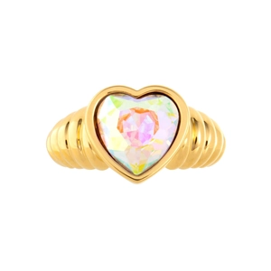 Detailed close-up of gold ring with heart opal stone and textured cable band