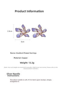 Détails des boucles d'oreilles fleurs violettes avec dimensions et matériaux en cuivre