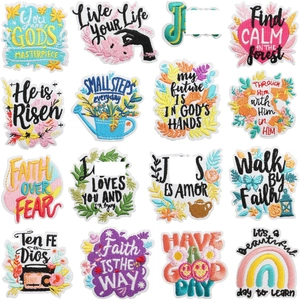 Set of 16 religious embroidery patches with faith-themed English and Spanish phrases