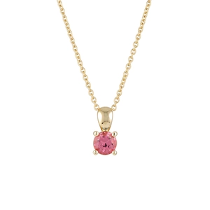 Detail of a minimalist gold S925 sterling silver chain with a round pink birthstone pendant