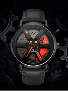 Macro shot of 3D car wheel rim dial with red brake caliper and leather strap detail