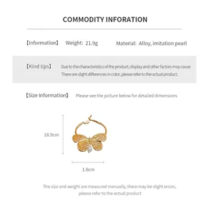Detailed size chart showing golden butterfly bracelet dimensions and alloy materials