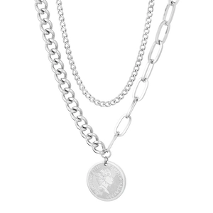 Silver double-layered stainless steel necklace with queen coin pendant and paperclip chain