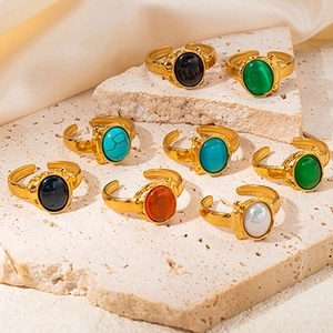 Vintage gold plated stainless steel rings with colorful natural stones and open band
