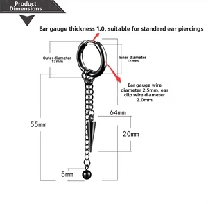 Tabella taglie di orecchini punk neri con pendente a rivetto e lunghezza totale 64 mm