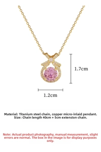 Detail of pink zircon water drop pendant with titanium steel chain and gold finish