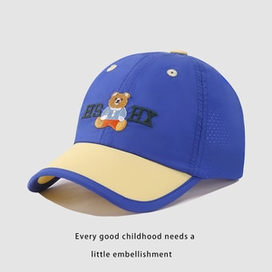Detail of breathable mesh and cartoon bear embroidery on kids quick-dry baseball cap