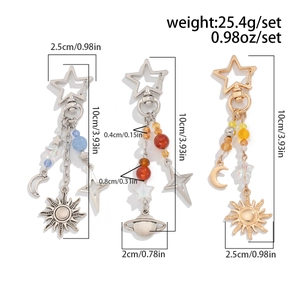 Detail view of 3pcs celestial keychain set showing precise dimensions and weights