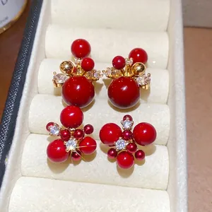 Retro Red Faux Artificial Pearl Cluster Stud Earrings With Silver Earring Post Zircon Gold Plated Festive Jewelry For Women