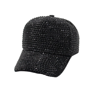Sparkling black rhinestone baseball cap with full diamond embellishment and curved brim