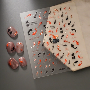 3D embossed koi fish nail art stickers with red carp and lucky charm designs