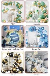 Collage of balloon arch kits in various color themes like green, gold, blue and silver