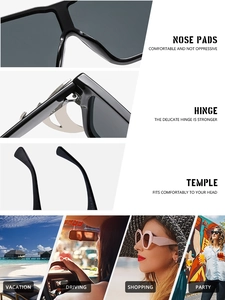 Close-up of integrated nose pads and reinforced metal hinges on square oversized sunglasses