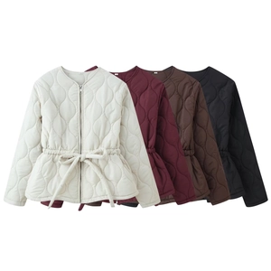 Veste Matelassée Femme Col Rond Fermeture Éclair Ceinture Coton Rembourré Manteau Couleur Unie Chaud Hiver Décontracté