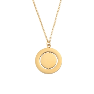 Macro detail of rotating geometric double-layered circle pendant on a gold necklace