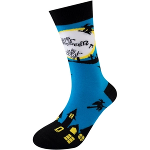 Close-up of blue Halloween socks with witch and moon patterns and Happy Halloween text