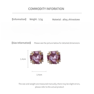 Detailed specs of square purple rhinestone stud earrings with alloy and silver needle