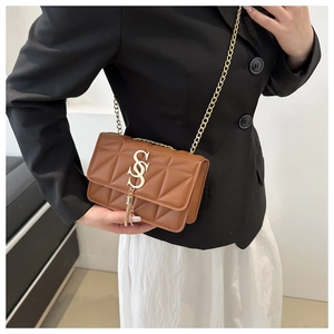 Detail of brown quilted chain crossbody bag with gold S-buckle and metal tassels