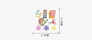 Dimensions détaillées des autocollants de papeterie avec motifs scolaires colorés