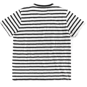 Detailed flat lay of classic black and white striped short sleeve T-shirt with round neck