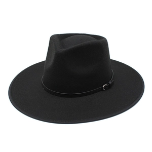 Classic black wide brim wool felt jazz fedora hat with vintage metal buckle leather band