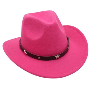 Detailed view of the hot pink felt cowboy hat with black star-studded band and silver accents