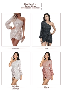 Detailed grid view of one-shoulder sequin dresses in champagne, black, silver, and pink