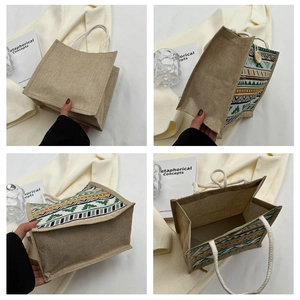 Détails du sac à lunch en lin avec imprimé ethnique, tissu en jute et anses en coton