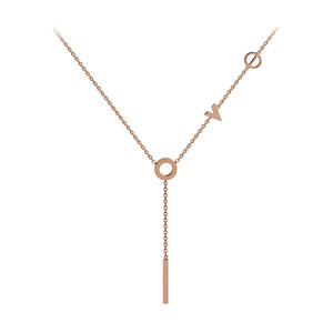 Rose gold Y-necklace with LOVE theme circles and V-shaped pendants on white background