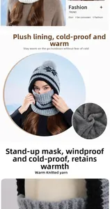 Detail of the thick grey plush lining and integrated face mask of the winter knit hat