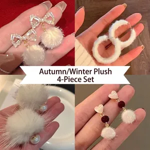 Plush Ball Earrings With Faux Artificial Pearl Rhinestone And Silver Earring Post Winter Autumn Style Retro Fashion For Women