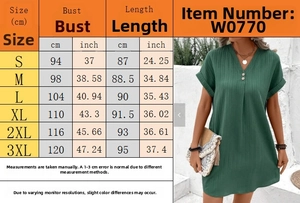 Tabella taglie dettagliata per abito casual con scollo a V con misure busto e lunghezza
