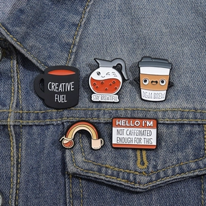 Cute 5-piece coffee-themed enamel pin set for jackets featuring creative slogans