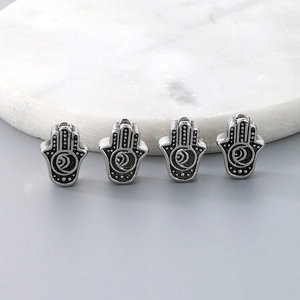Four silver Hamsa Hand stainless steel beads with vintage engraved patterns for DIY jewelry
