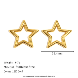 Minimalist 18K gold plated stainless steel hollow star earrings on white background