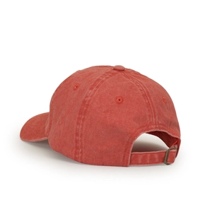 Rear view of vintage red washed cotton baseball cap with adjustable metal buckle detail