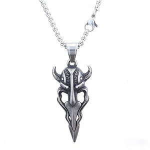 Retro Viking horn mask pendant necklace in antique silver finish with square link chain