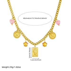 Gold vintage necklace set with butterfly, pink heart, flower and coin pendants