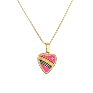 Rainbow heart pendant necklace with pink enamel and gold beaded edges on a box chain