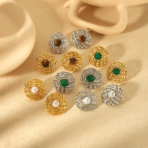 Vintage French Round Stud Earrings Woven Texture Stainless Steel With Faux Artificial Pearl Natural Stone Jewelry For Women Retro