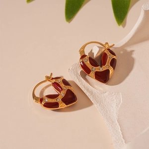 Orecchini Cerchio Cuore Retrò Smalto Rosso Bordeaux Strass Rame Con Perno Per Orecchino In Argento Per Donne
