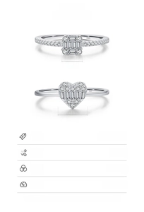 Detail of 925 sterling silver rings with heart and square zircon settings and dimensions