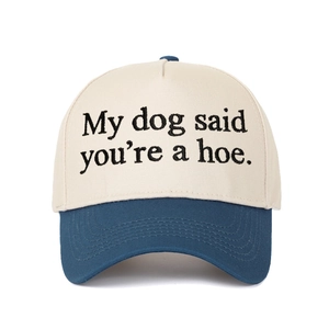 Gros plan sur la casquette bicolore avec broderie slogan My Dog Said You're a Hoe