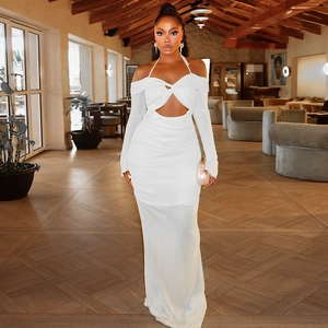 Elegant white cut-out halter neck maxi dress with long sleeves and bodycon fit for women