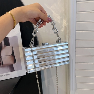 Silver acrylic box evening bag with chunky chain handle and crossbody strap