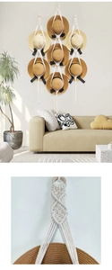 Detail of bohemian hand-woven cotton rope hat rack with wooden ring for wall storage