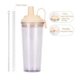 Detail of 1.2cm wide Tritan straw and magnetic handle on double-layer plastic cup