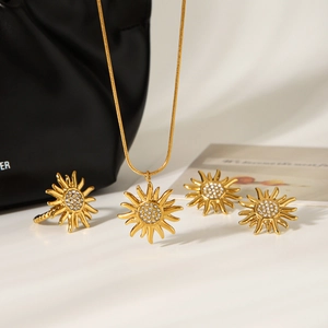 Gioielli Girasole In Acciaio Inossidabile 18K Placcato Oro Strass Ciondolo Fiore Del Sole Collana Anello Aperto Orecchini Donna